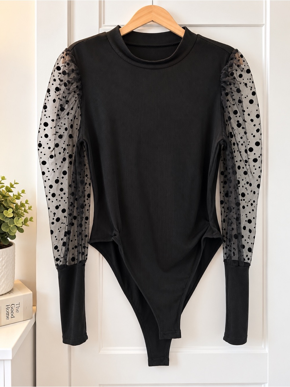 Black Sheer Polka Dot Sleeve Bodysuit - Women Tops